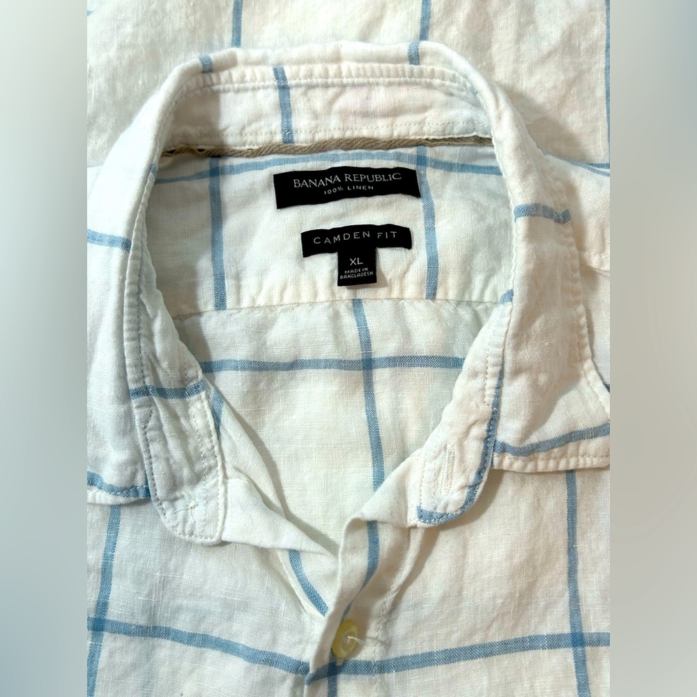 Men’s White & Blue Button Down Short Sleeve Banana Republic 100% Linen XL - Picture 4 of 5